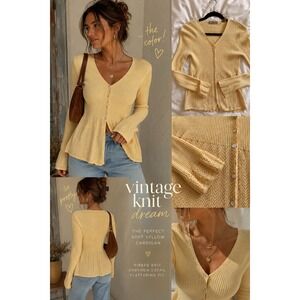 I.E. Butter Yellow Cardigan Pointelle Bell Sleeve Romantic Coquette Y2K S